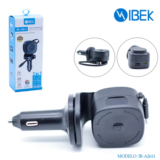 CARGADOR PARA AUTO CON CABLE REBATIBLE TIPO C IBEK IB-A2611