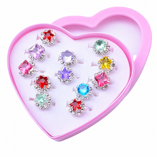 CAJA CORAZÓN CON 12 ANILLOS DE DISEÑOS VARIADOS