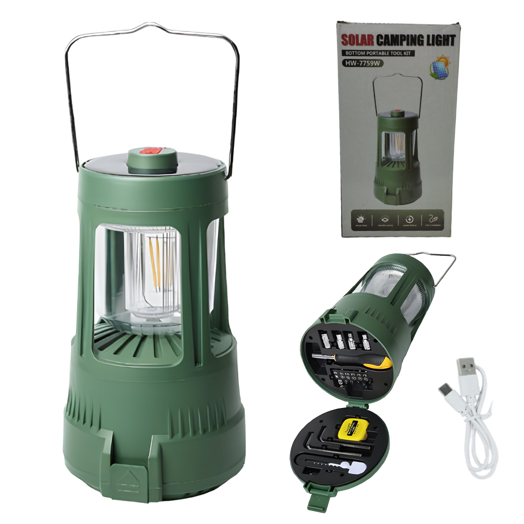 LÁMPARA SOLAR CON MANIJA Y KIT DE HERRAMIENTAS CAMPING LIGHT HW