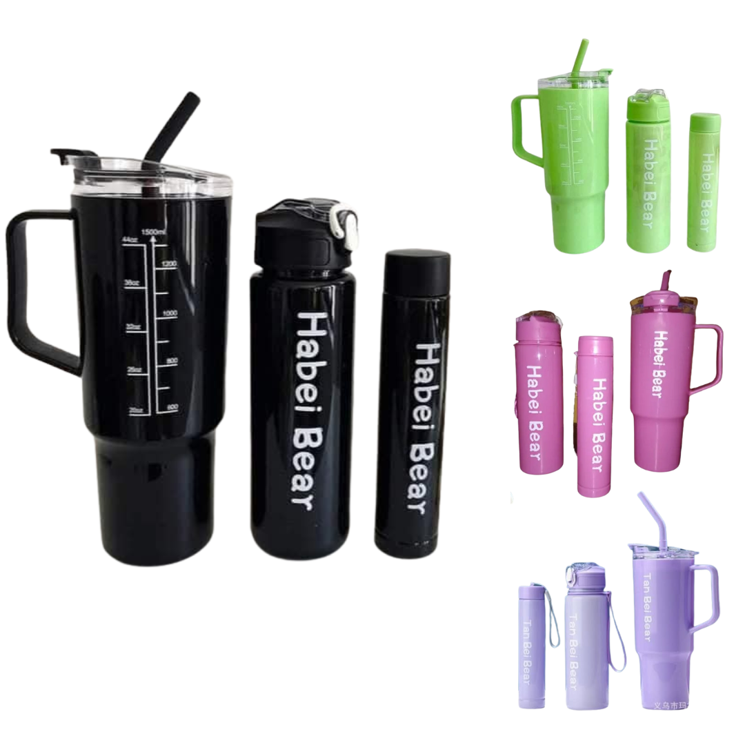 SET VASO BOTELLAS COLORES TAPA TRANSPARENTE
