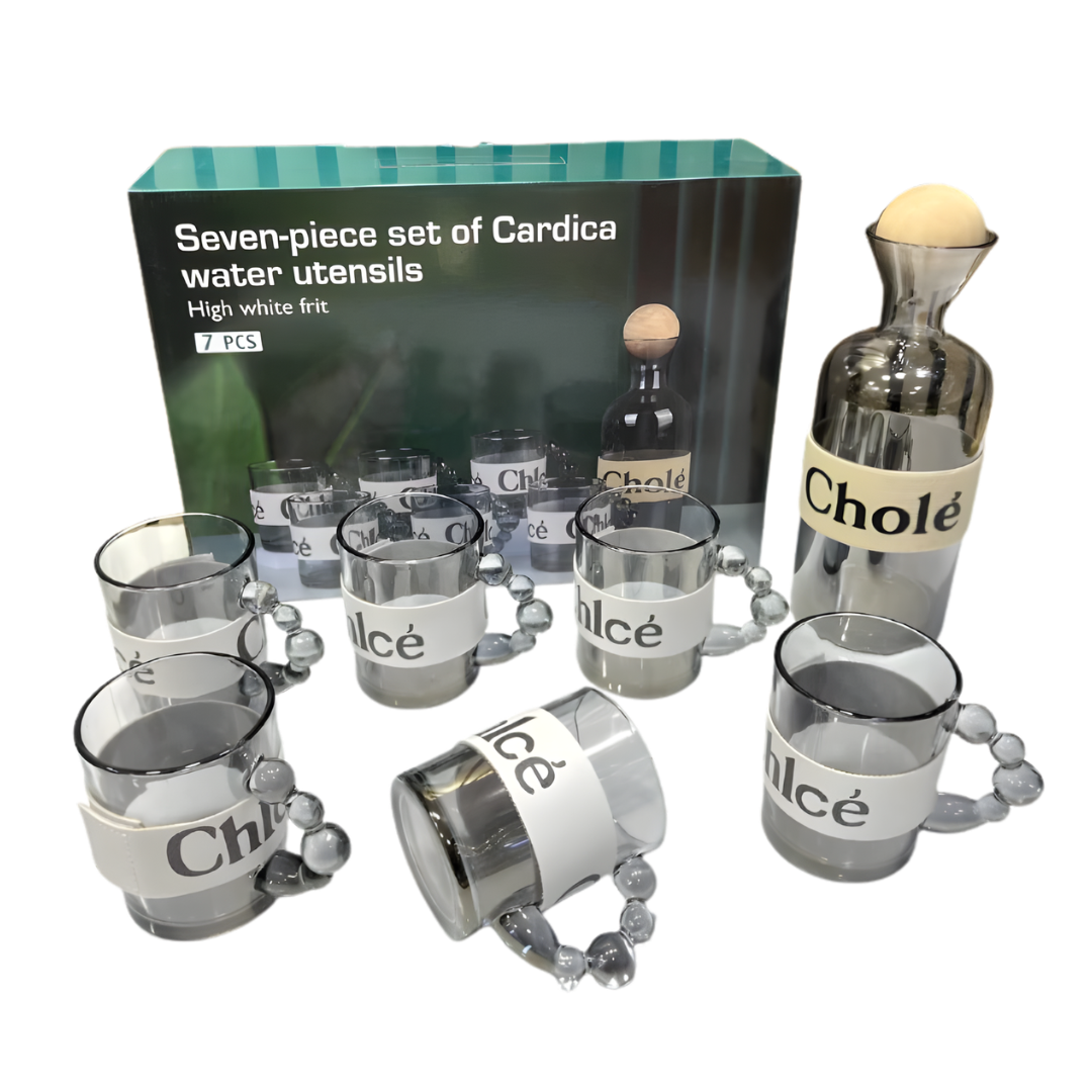 SET DE VASOS Y BOTELLA DE VIDRIO