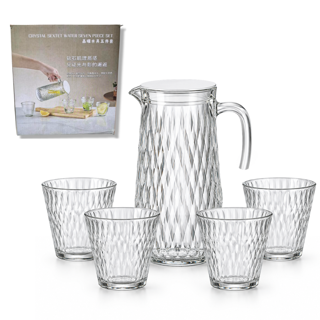 JARRA DE VIDRIO CON VASOS CRYSTAL SEXTET