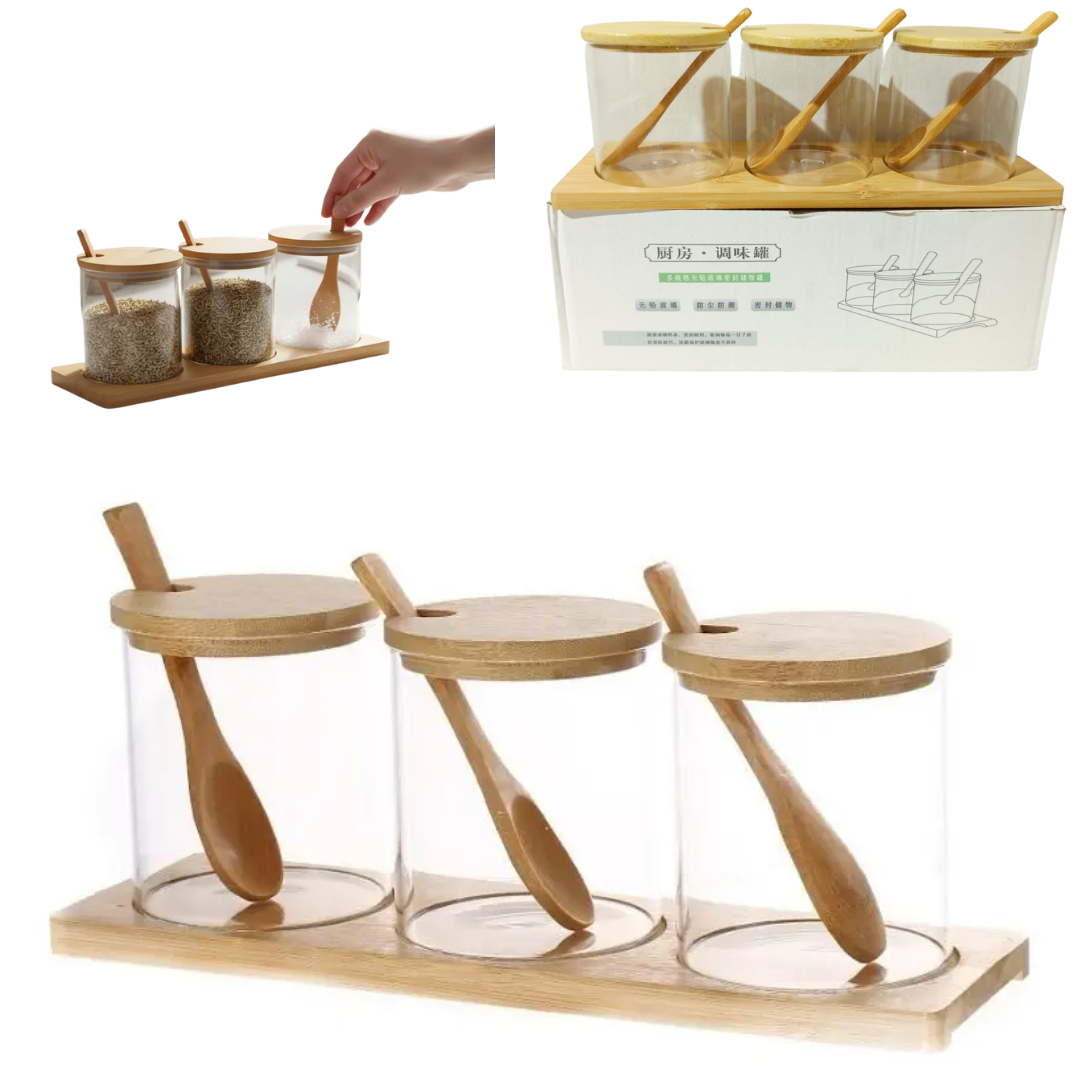 SET DE FRASCOS DE VIDRIO CON TAPA MADERA
