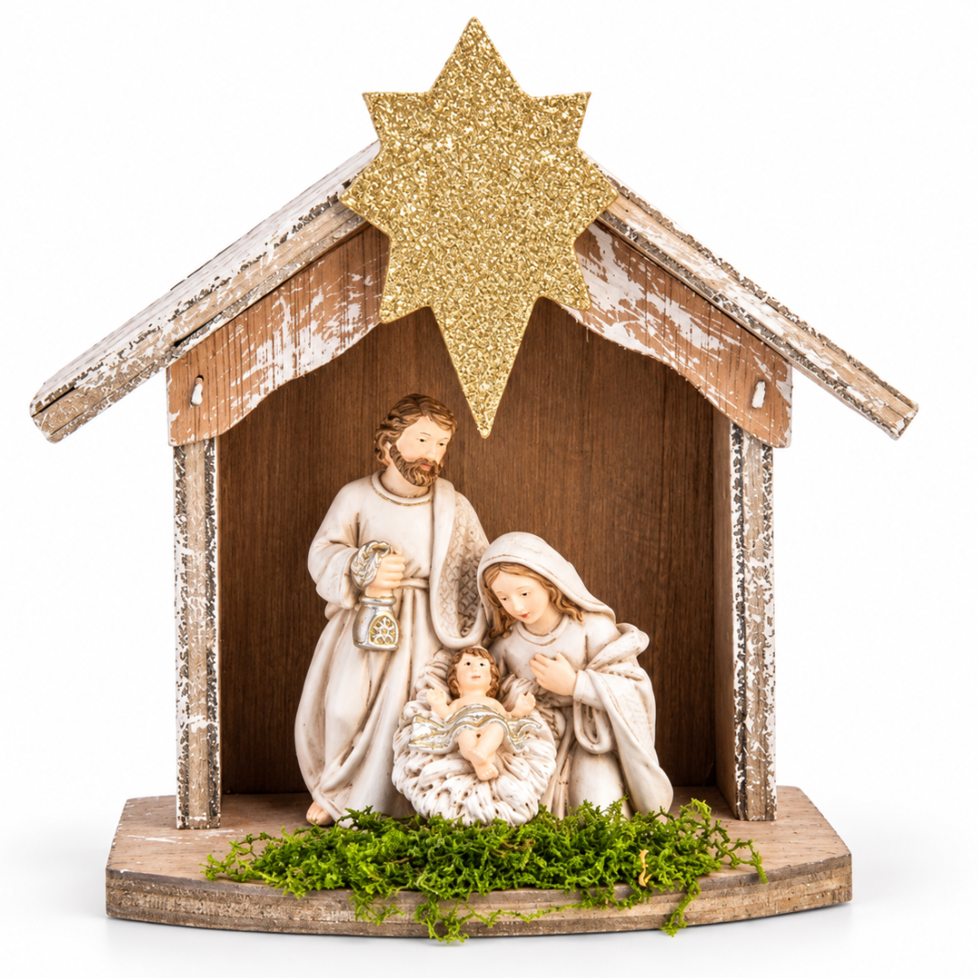 Pesebre En Casita x3 figuras + luz LED 15×6.5x14cm ch26-6915-1