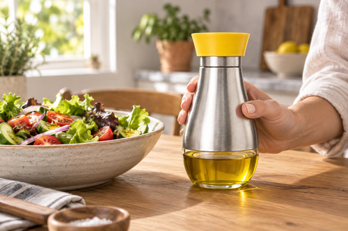 ACEITERA DE VIDRIO Y ACERO — imagen ambientada. Decoración no incluida.