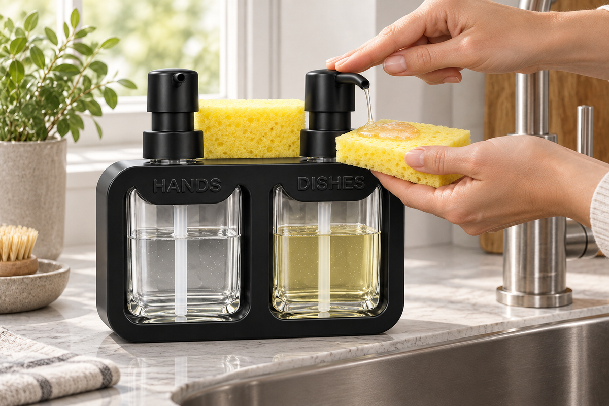 DISPENSADOR DOBLE CON ESPONJA — imagen ambientada. Decoración no incluida.