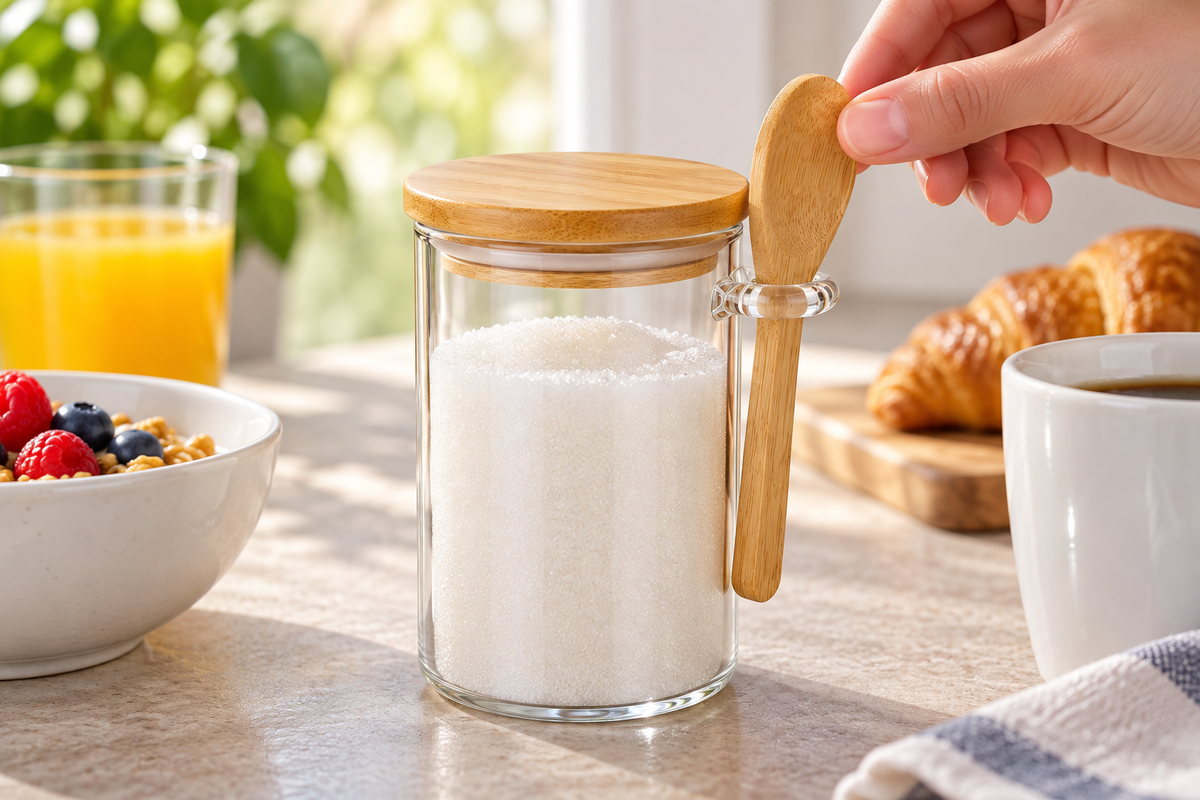 FRASCO CON TAPA DE BAMBú Y CUCHARA — imagen ambientada. Decoración no incluida.