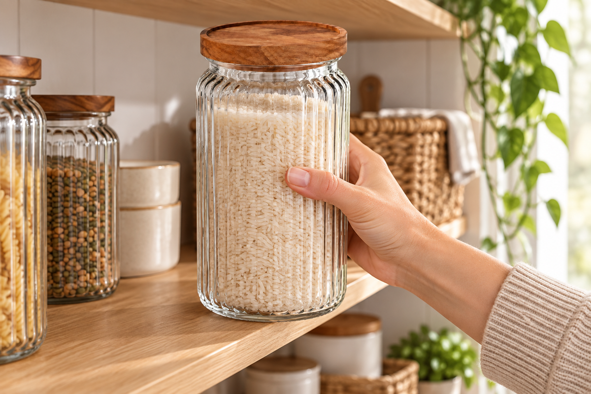 FRASCO DE VIDRIO ACANALADO 1700 ML — imagen ambientada. Decoración no incluida.