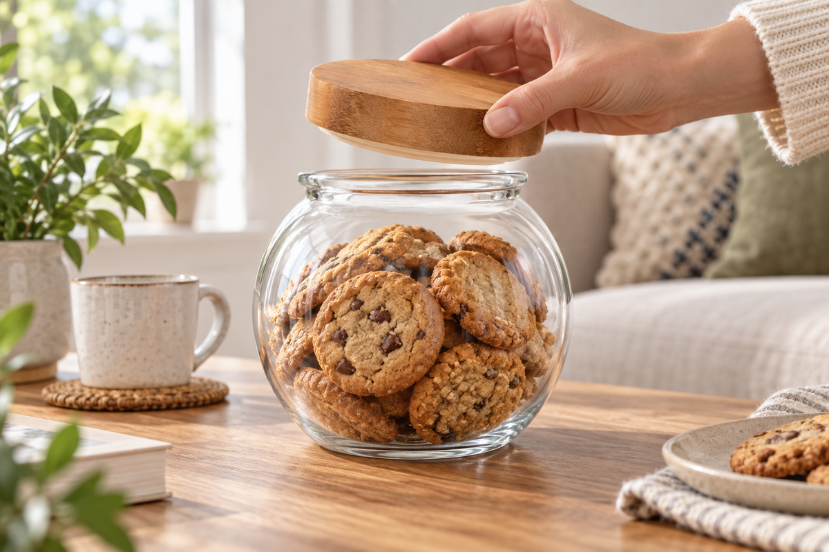 FRASCO DE VIDRIO CON TAPA DE MADERA — imagen ambientada. Decoración no incluida.