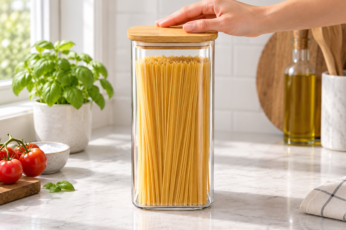 FRASCO DE VIDRIO PARA PASTAS CON TAPA DE BAMBU — imagen ambientada. Decoración no incluida.