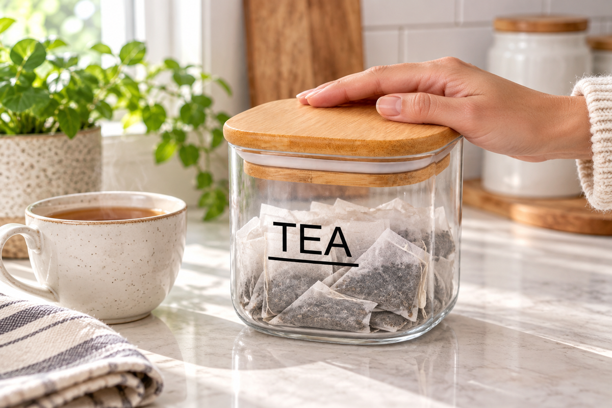 FRASCO PARA Té CON TAPA DE BAMBú — imagen ambientada. Decoración no incluida.