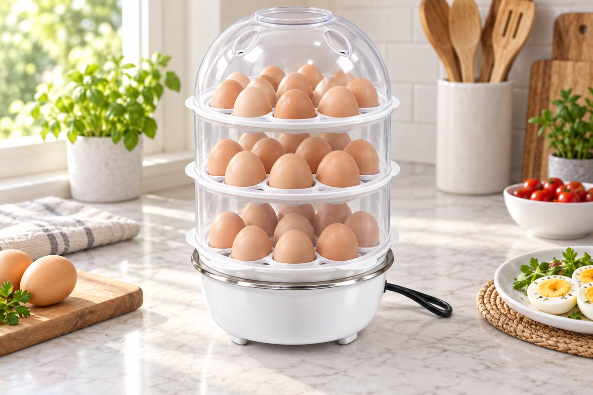 HERVIDOR DE HUEVOS DE TRES NIVELES — imagen ambientada. Decoración no incluida.