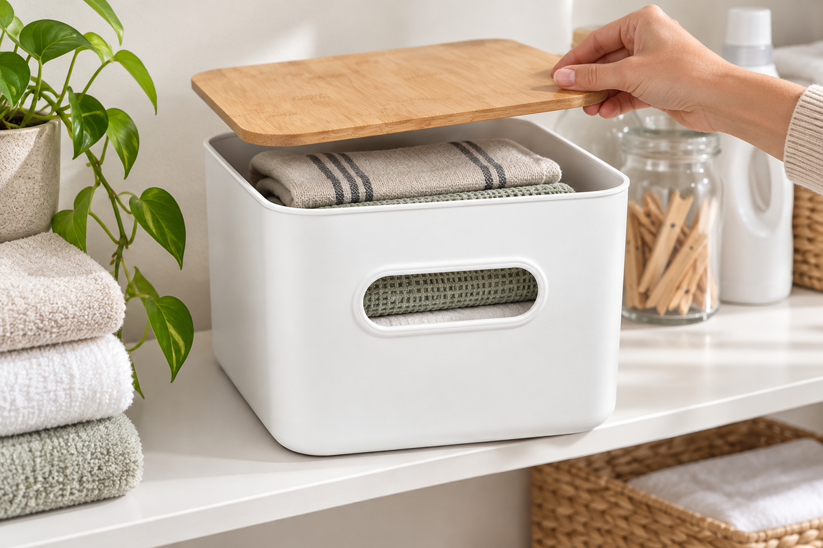 ORGANIZADOR BLANCO CON TAPA DE BAMBú — imagen ambientada. Decoración no incluida.