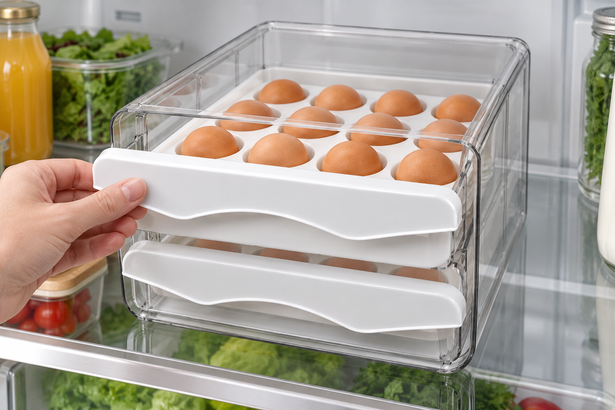 ORGANIZADOR DE HUEVOS CON DOS CAJONES — imagen ambientada. Decoración no incluida.
