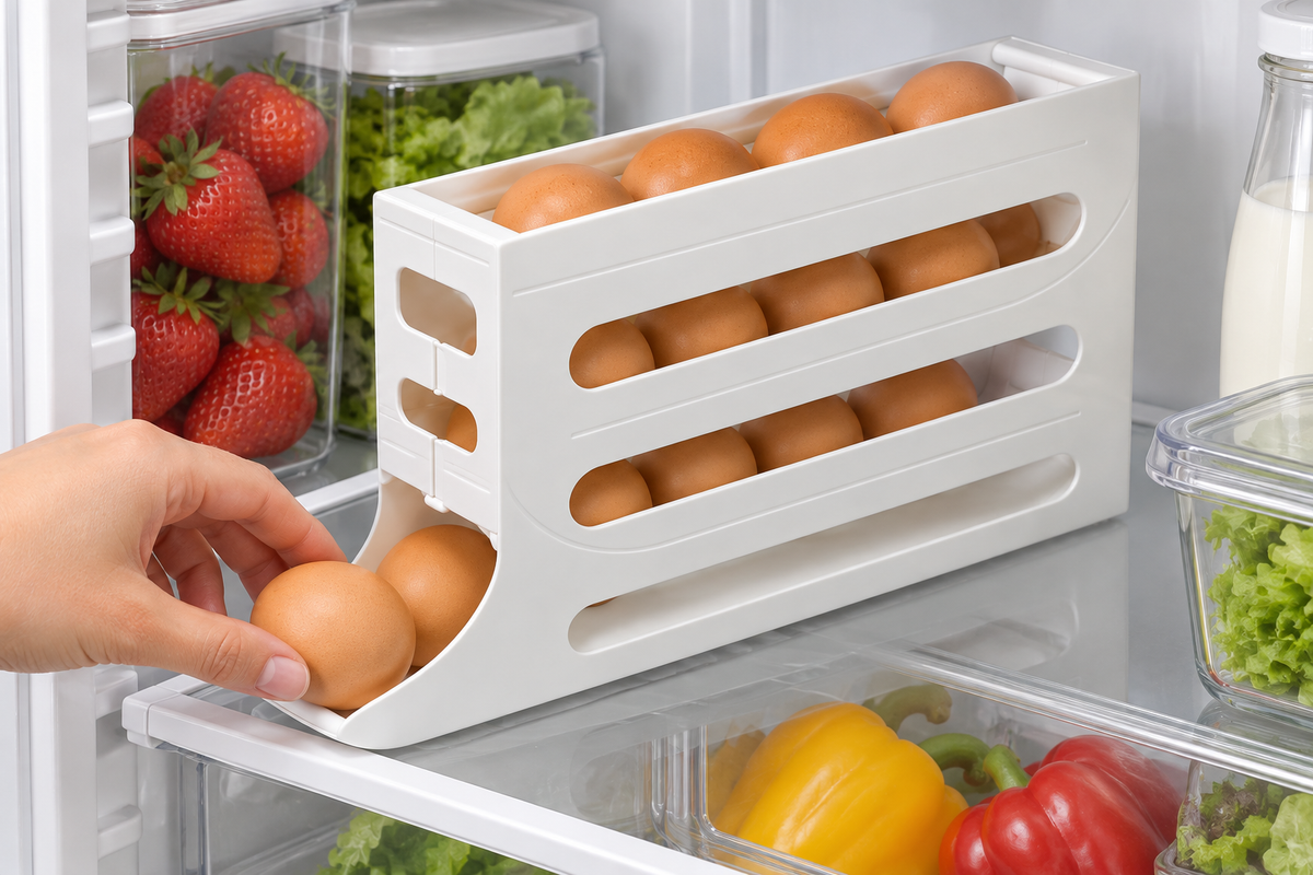 ORGANIZADOR DISPENSADOR DE HUEVOS — imagen ambientada. Decoración no incluida.