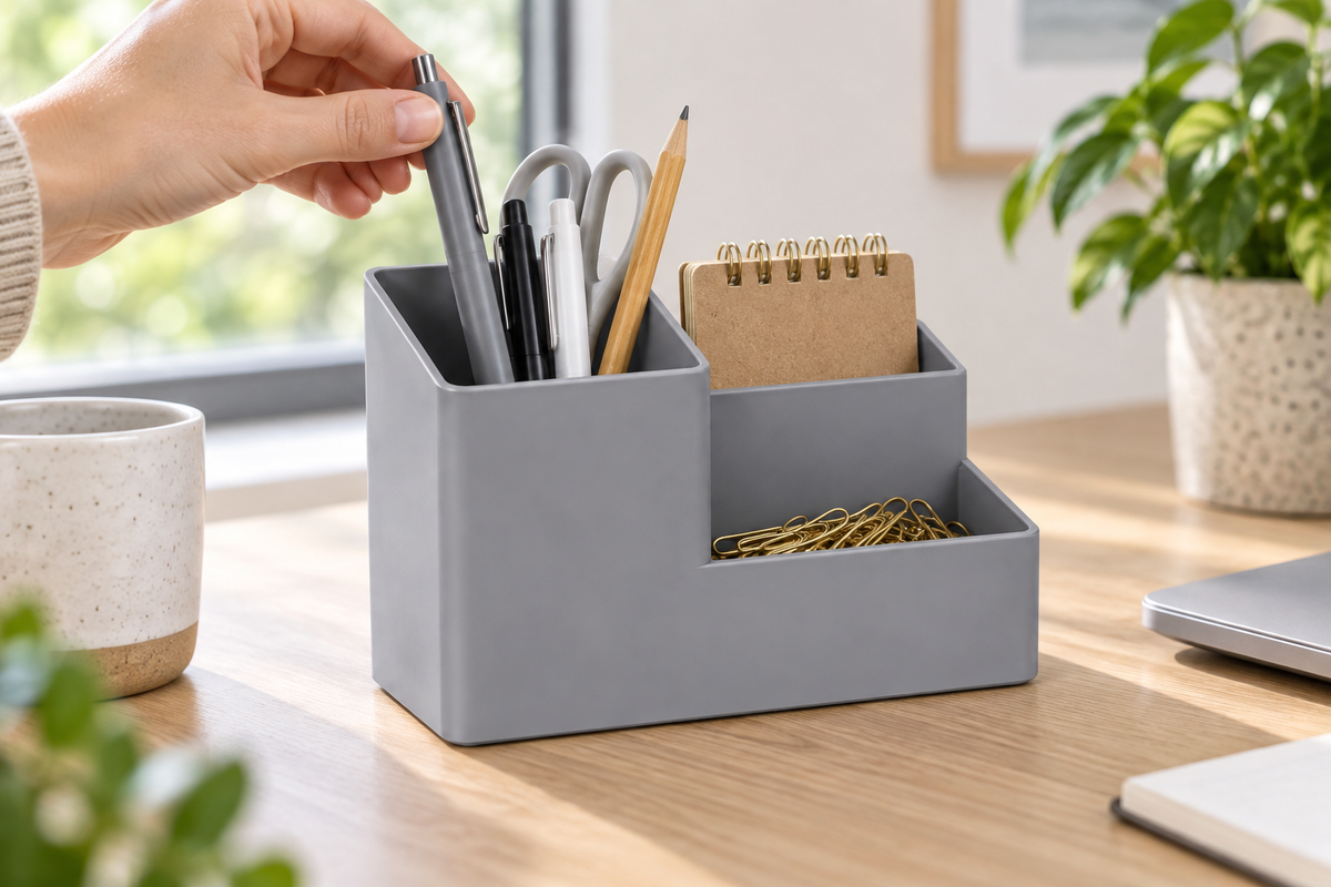 ORGANIZADOR PRISMA GRIS — imagen ambientada. Decoración no incluida.