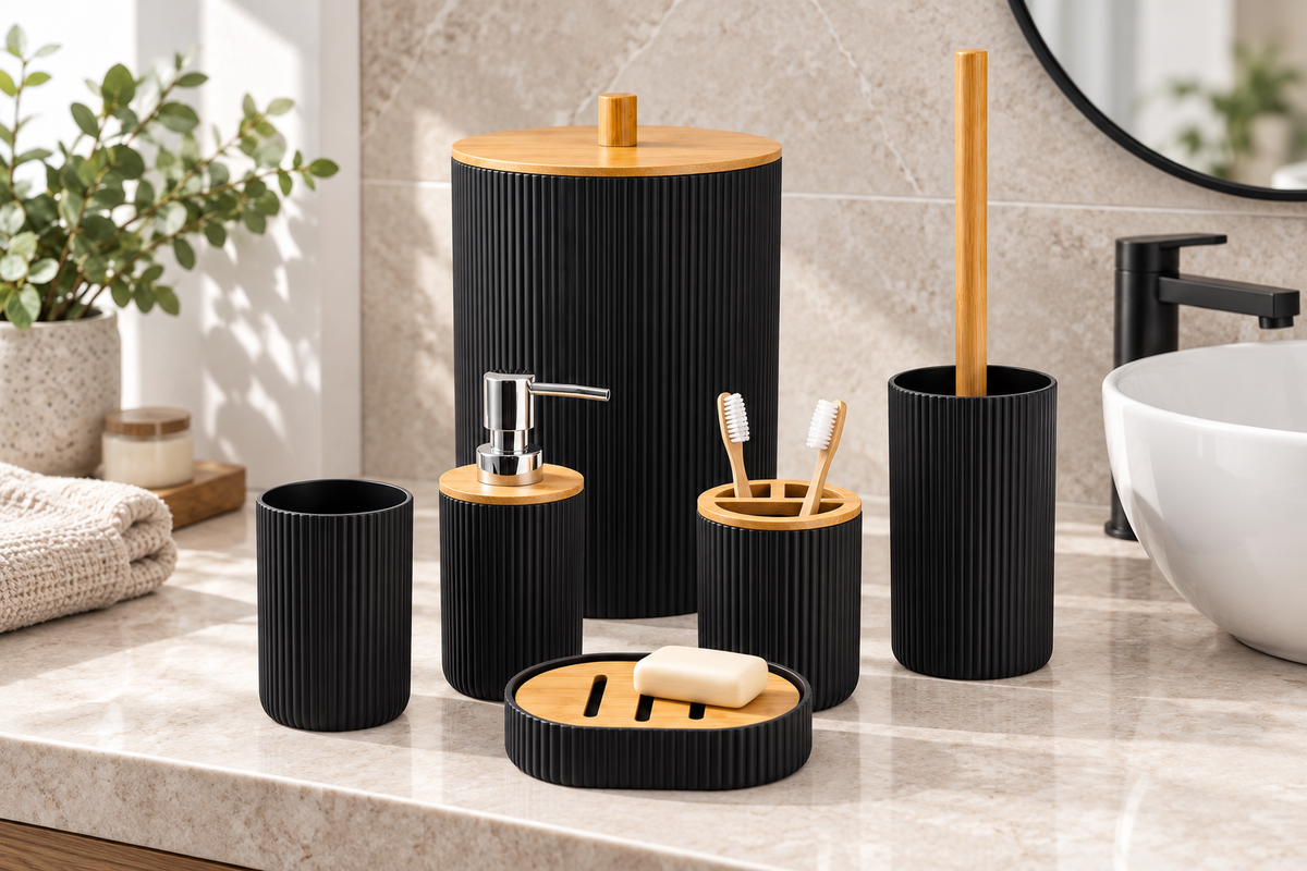 SET DE BAÑO NEGRO DE SEIS PIEZAS — imagen ambientada. Decoración no incluida.