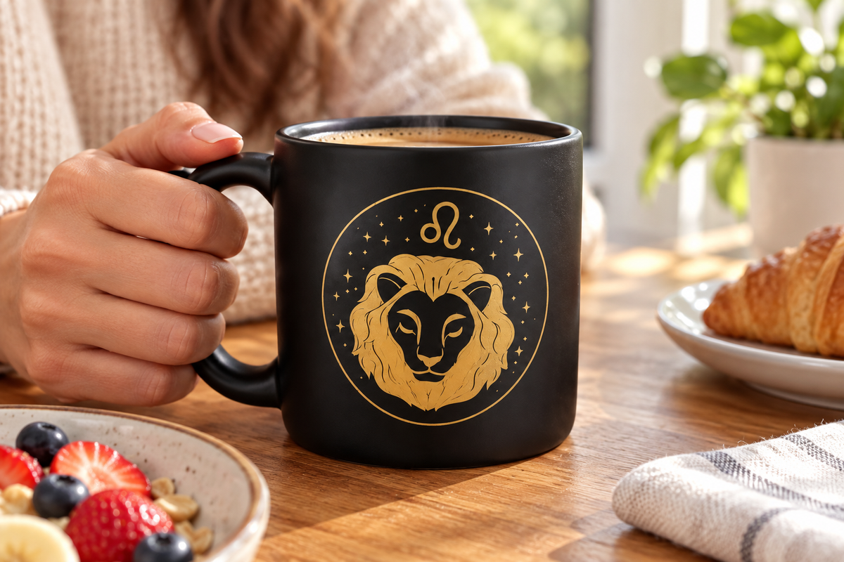 TAZA ZODIACAL LEO — imagen ambientada. Decoración no incluida.
