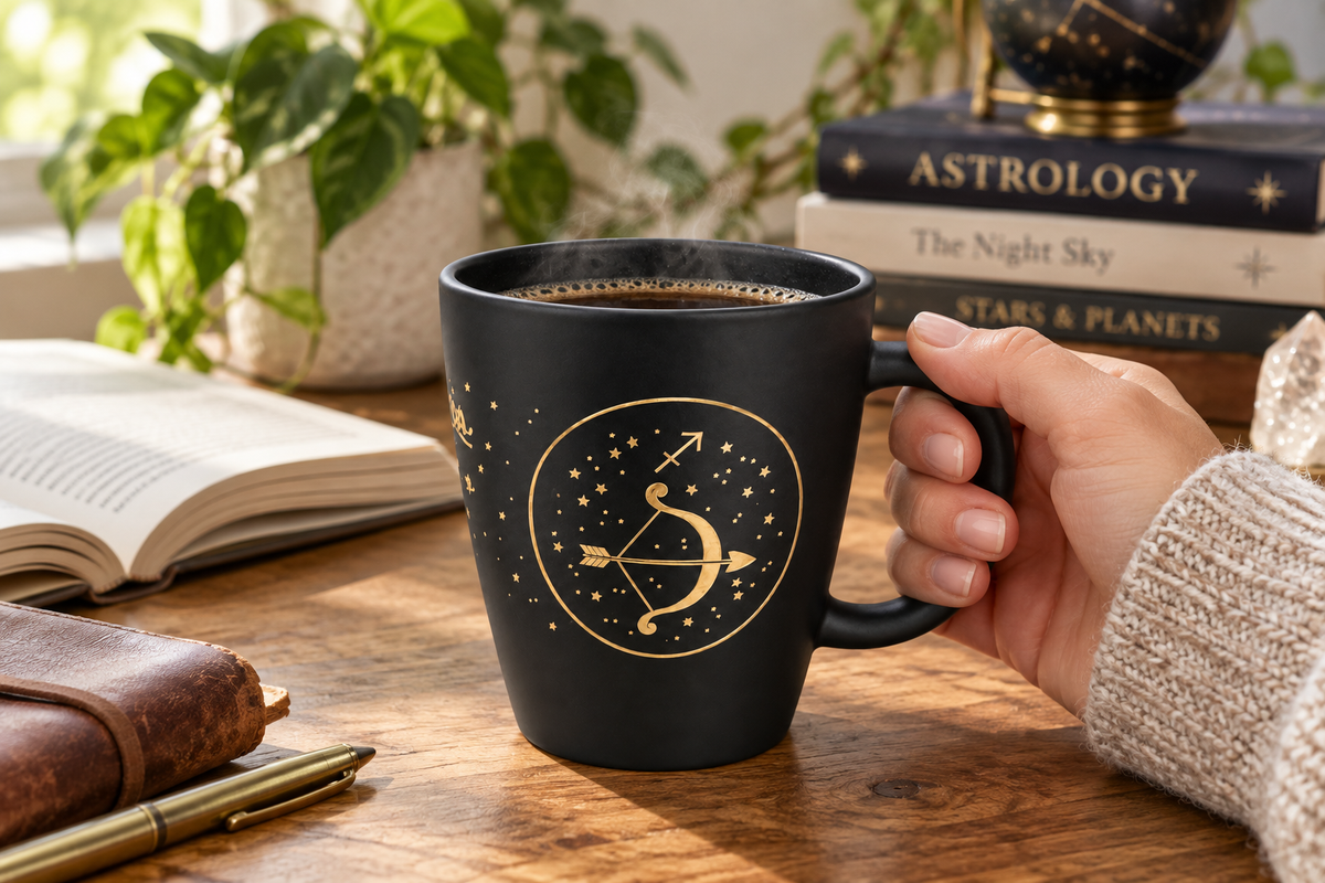 TAZA ZODIACAL SAGITARIO — imagen ambientada. Decoración no incluida.