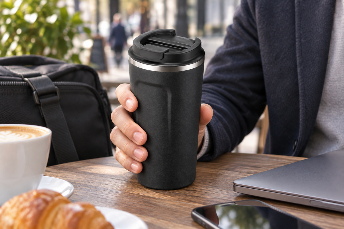 VASO TERMICO ACERO INOXIDABLE 380 ML — imagen ambientada. Decoración no incluida.